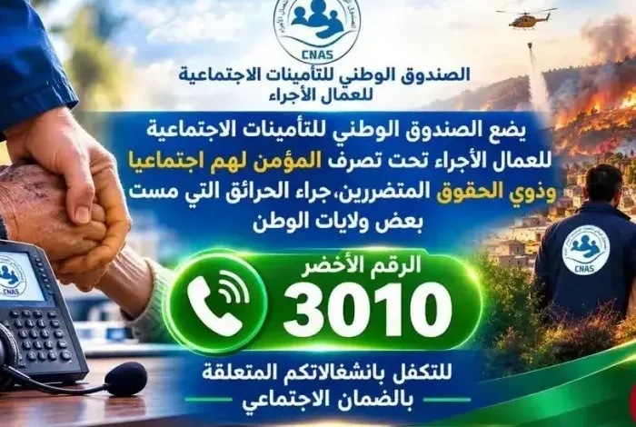 الصندوق الوطني للتأمينات الاجتماعية يخصص الرقم الأخضر 3010 للتكفل بالمتضررين من الحرائق